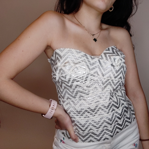 wildcat Tops - Metallic Bandaged Strapless White Top Size S